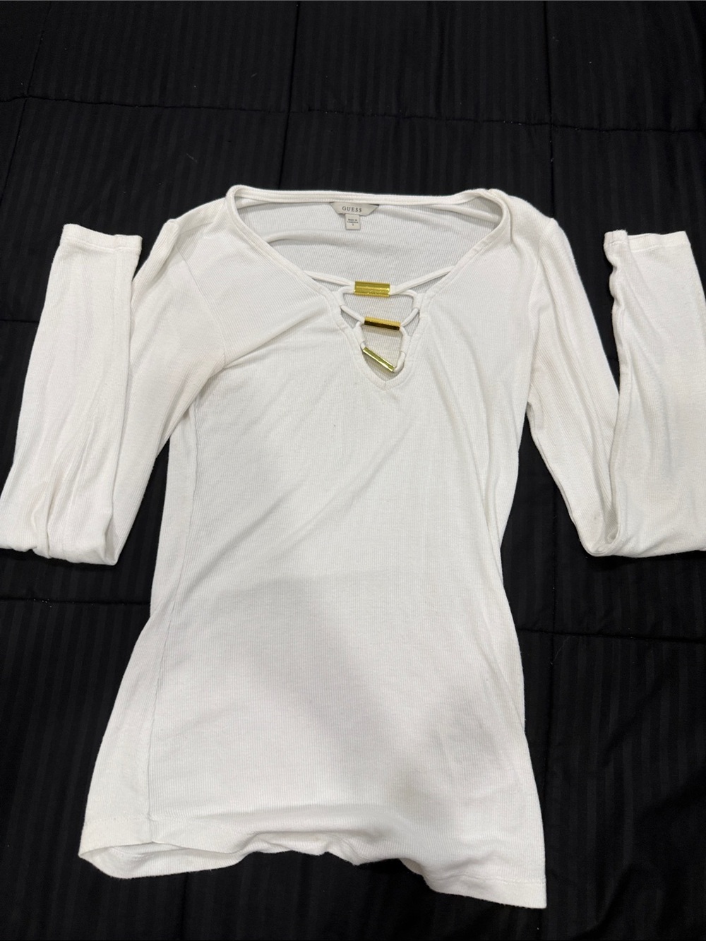 Guess White Long Sleeve Ribbed Lace-Up Top with Gold Accents